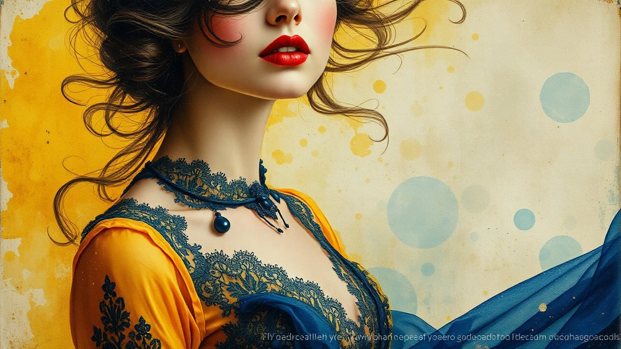 old worn layered canvas, mixed media, multiple exposure, layered, embossed, fine art luminous soft watercolor, glitter, luminosity, highlights, gold fragments, shine, light effects, medium plan, Venetian Gothic woman in YELLOW and dark BLUE airy dress, Red lips, lace, fur, fluffiness, wind, airiness, layered, blending, textured, surrealism, 3D, 8K, best quality, fine rendering, high detail, hyperrealism, high resolution, high definition, highest focus, hyper sharpness, hyperfocus, vignette