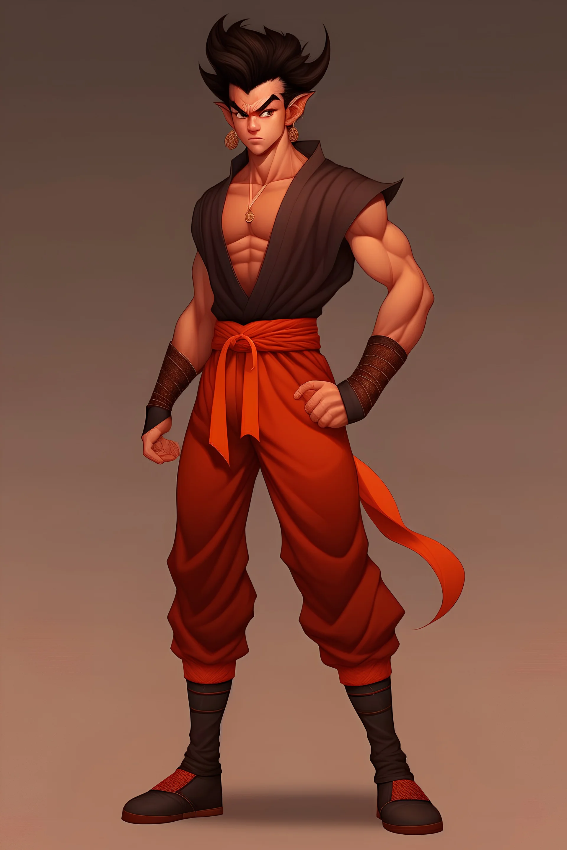 Full Body, Male Tiefling, monk, body shape as Super Sayian Goku, boxer pose, dark outfit colour theme, Handsome face