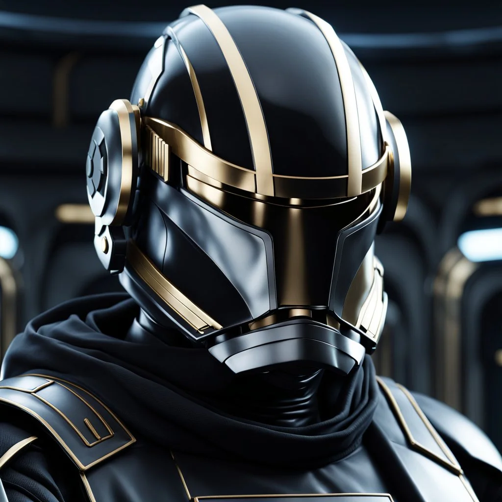 star wars bald male corellian pilot wearing pearlescent black and gunmetal grey First Order special forces heavy assault armor and helmet with gold trim inside the jedi temple, centered portrait, hyperdetailed, dynamic lighting, hyperdetailed background, 8k resolution, volumetric lighting, light skin, fully symmetric details