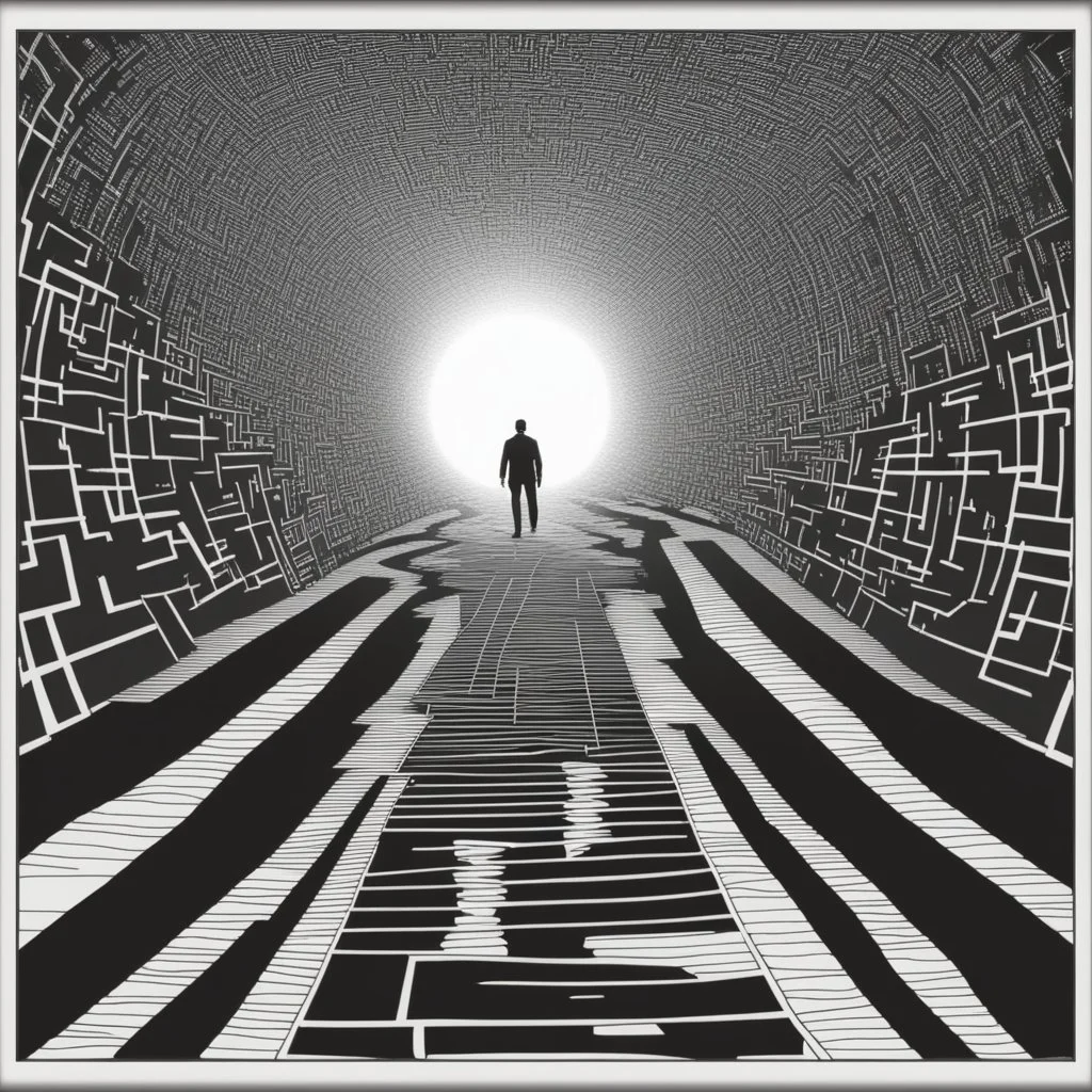 A man was walking in the middle of the maze, and finally found a path that led to a bright place.