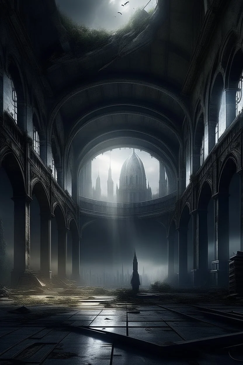 dark fantasy art of a medieval abandoned hall