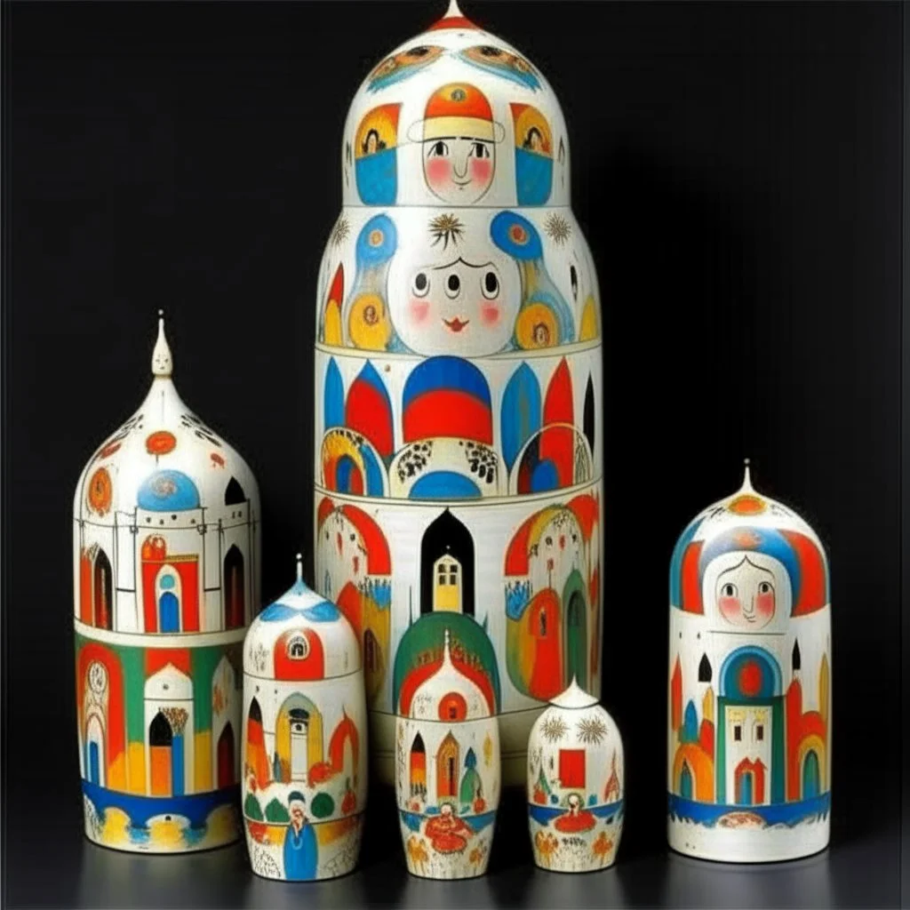 A white monastery in a tornado designed in matryoshka dolls painted by Wassily Kandinsky