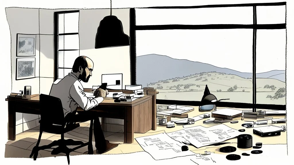 الصورة تعرض ستيف جوبز وهو جالس في مكتبه الخاص، وراءه نافذة تطل على مناظر طبيعية هادئة. يظهر جوبز وهو يرتدي ثوبًا بسيطًا ويتلقى مكالمة هاتفية بينما يعمل على جهاز كمبيوتر محمول. يتسم وجهه بتعابير التفكير العميق والابتسامة الخفيفة، مما يشير إلى تركيزه الشديد وتفكيره الابتكاري. على مكتبه، يمكن رؤية مجموعة من المخططات والنماذج المصغرة لأجهزة تكنولوجية، مما يظهر اهتمامه بالتفاصيل والتصميم المميز. كما يمكن أن نلاحظ تواجد كتب وأدوات كتابة، مما يشير إلى تطلعه المستمر للمعرفة والابتكار. الإضاءة في الصور