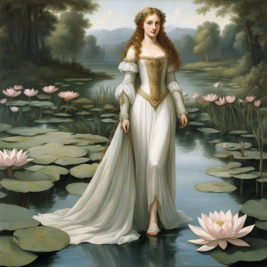 Ophelia, young noblewoman of Denmark, the character in William Shakespeare's drama Hamlet, she is in the outfit of Diana the huntress Greek goddess, she stands in front of a pond full of water lily flowers, her feet in sandals, Hamlet's skull in hand