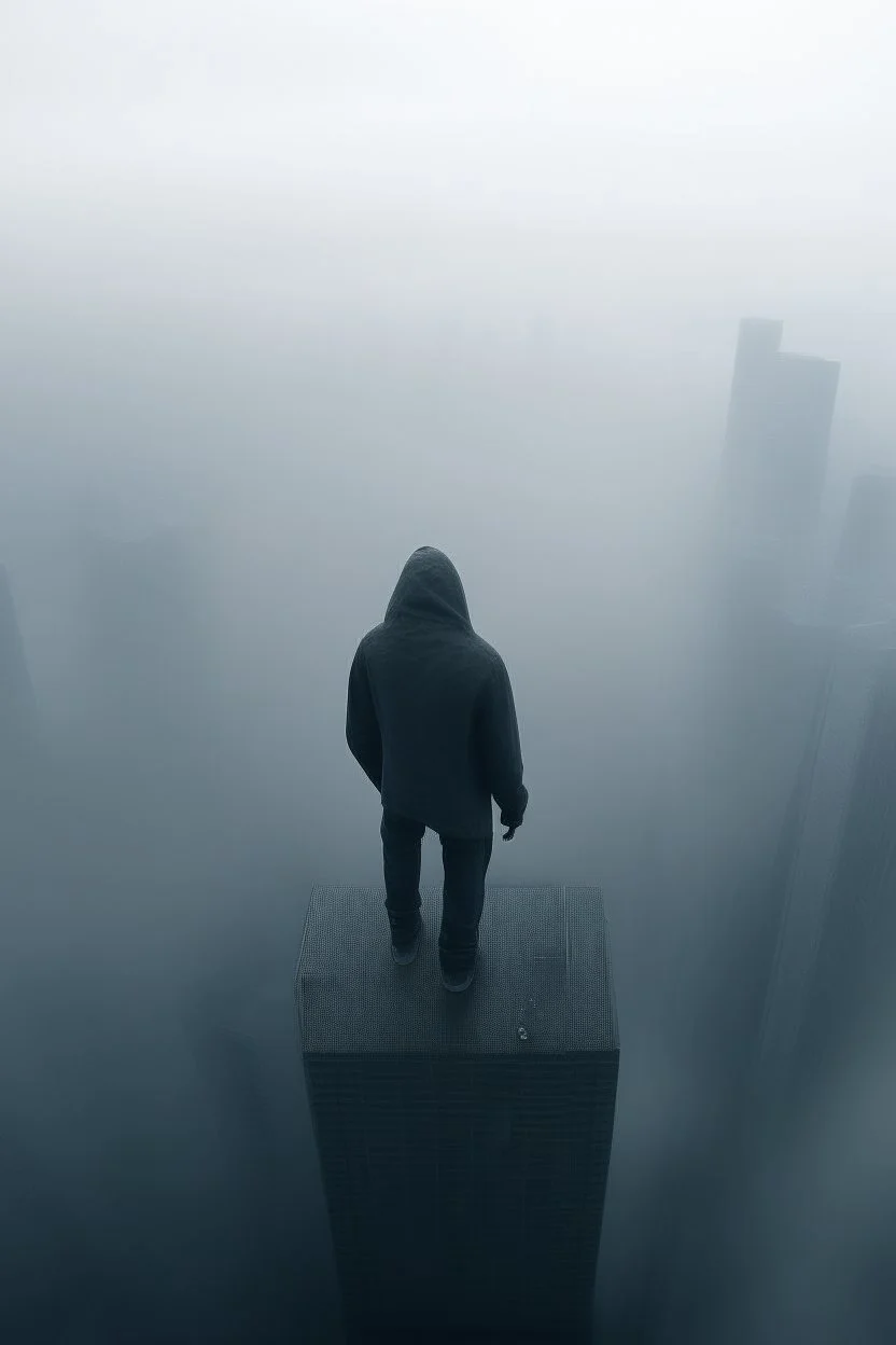 A hooded figure In the fog standing on city high tower building looking down below to the big crowded city buildings
