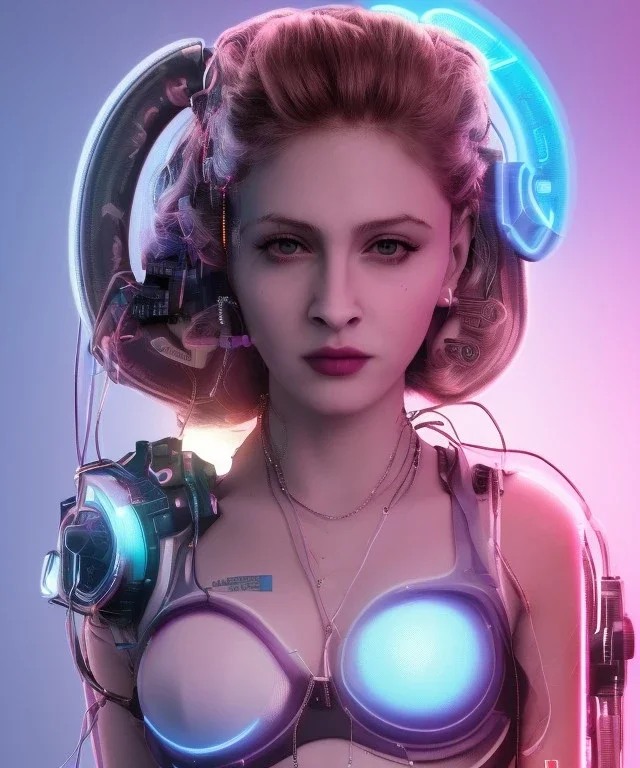 Artist, young madonna, android woman, glow iris, piercings, sweet, blonde, white skin, long eyeliner, purpurin pink cheeks, glossy lips, color leds lights, cables, short hair, circuits, cyberpunk, latex coat, cyber punk, neon, portrait, studio photo, unreal engine 5, soft color, 16 bit, god lights, ray tracing, RTX, lumen lighting, ultra deatail, volumetric lighting, 3d, finely drawn, hd.