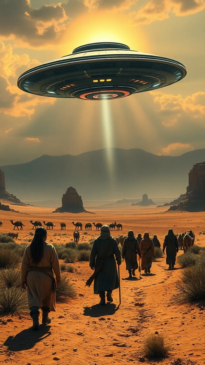 The pilgrims walking in the desert with caravans show a ufo mother ship hovering in the sky