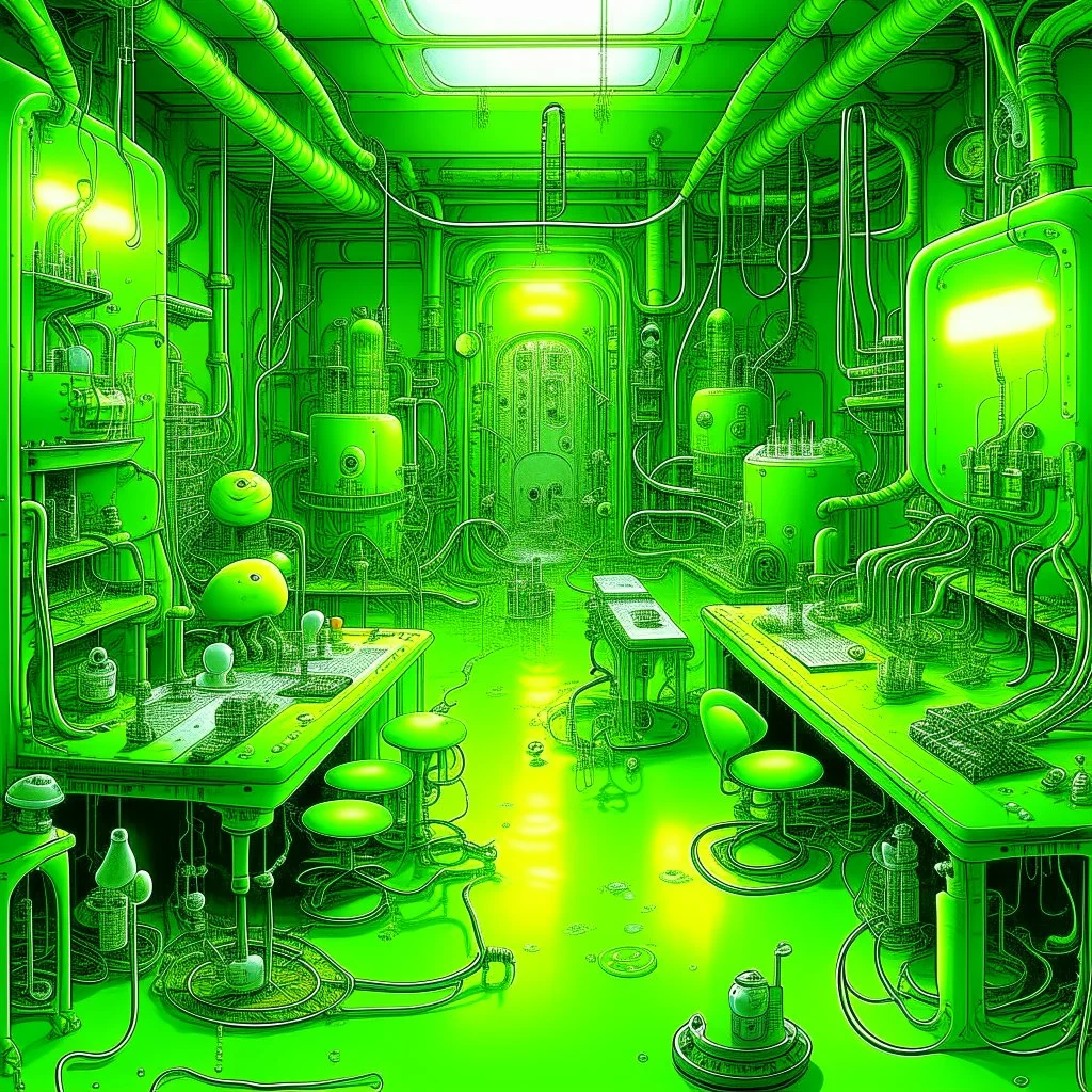 A lime green cybernetic laboratory with slimy bugs painted by Edward Hicks