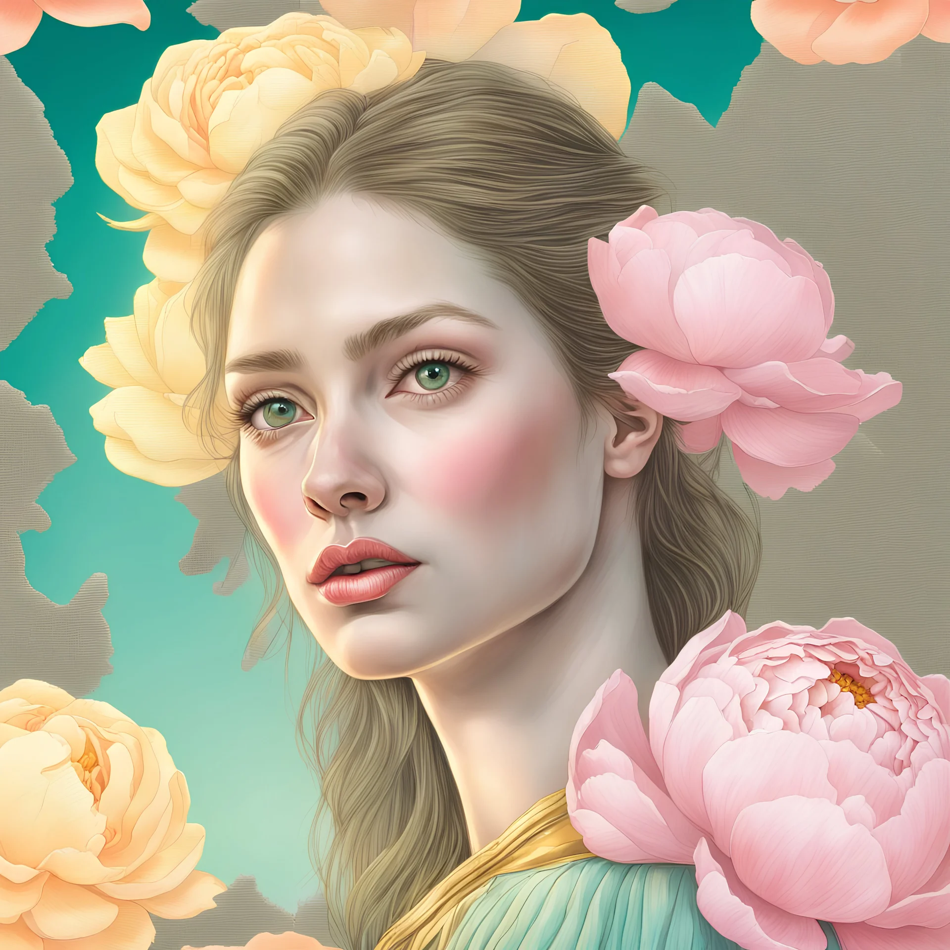 PHOTOREALISTIC PORTRAIT OF A GIRL of Cirque dU soleil, WALKING ON THE SHORE AT THE MOONLIGHT, AND EMBRACING PINK YELLOW PEONIES, VIVID colors: torquoise, pale salmon, persimmon, grey-green , pale lemon yellow, greenish gold, metallic bronze. ULTRA detailed; CORRECT anatomy, FACE and eyes, HIGH RESOLUTION AND DETAILS, HIGH DEFINITION, STYLE BY RAFFAELLO, MICHELANGELO, KAROL BAK, ANDY WARHOL, Anna Dittmann