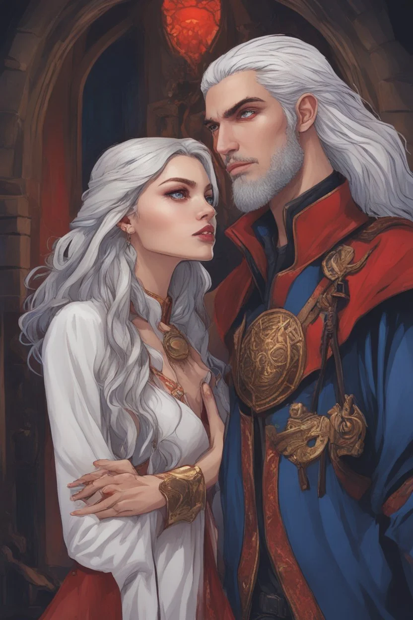 A couple from the dnd game curse of Strahd. The woman has long white hair and blue eyes, the man has LONG BLACK hair and red eyes, no facial hair. KISSING