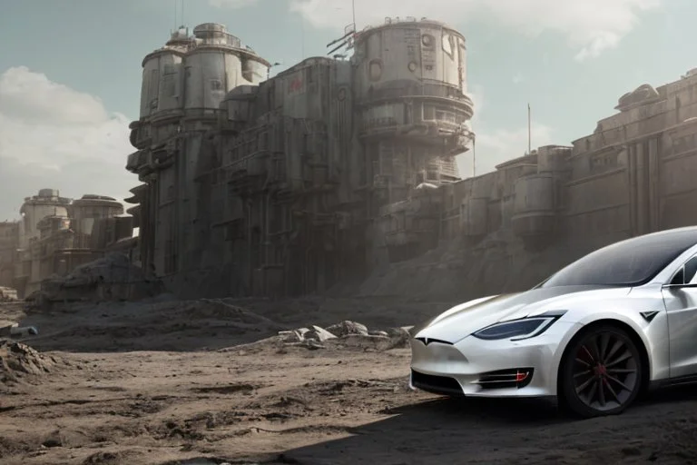 A Tesla 'Model S' is parked, within the trench of the Death Star. (CINEMATIC, WIDE ANGLE LENS, PHOTO REAL)