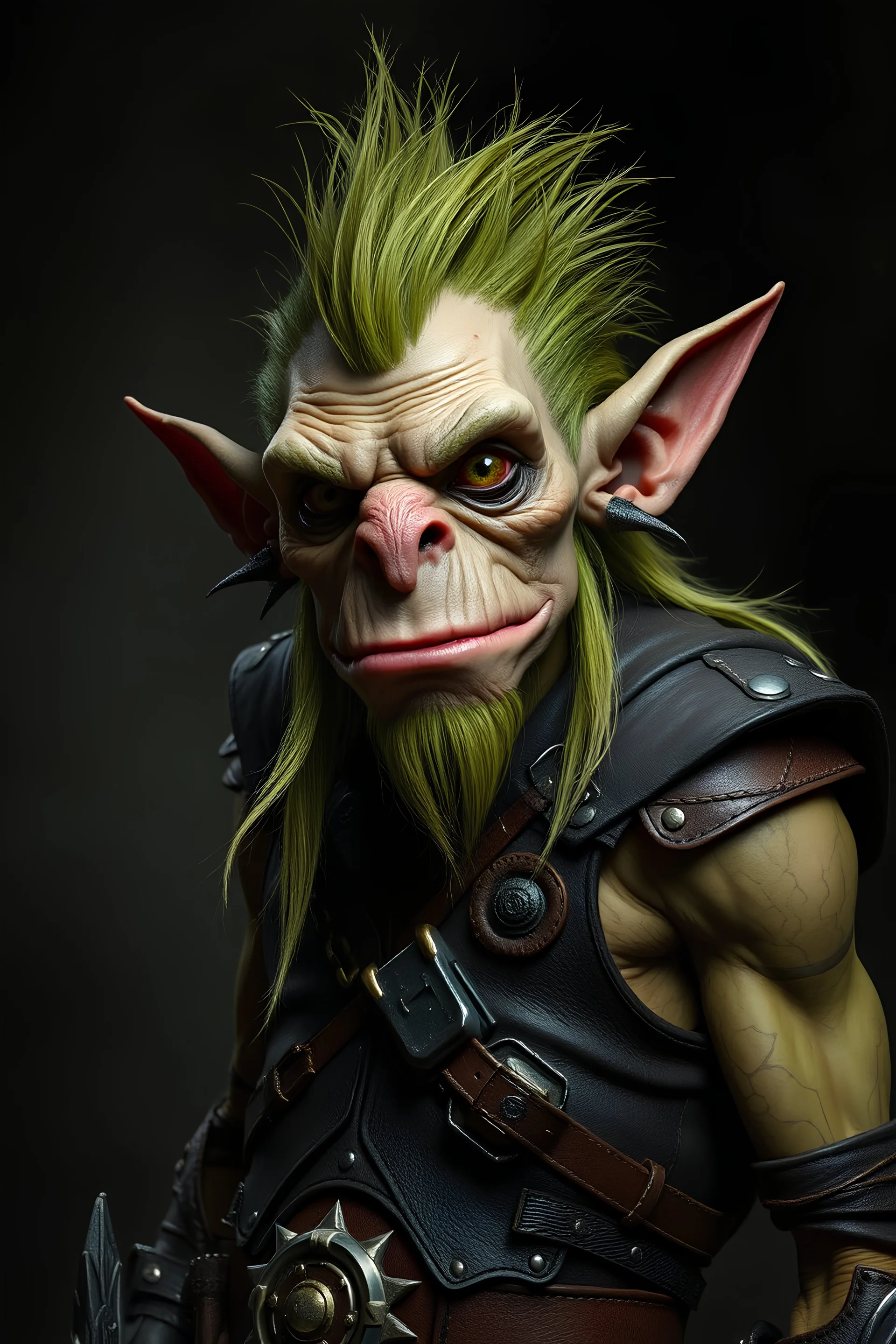 scandinavian style olive skinned lanky vampire troll in leather armor with spiky green hair