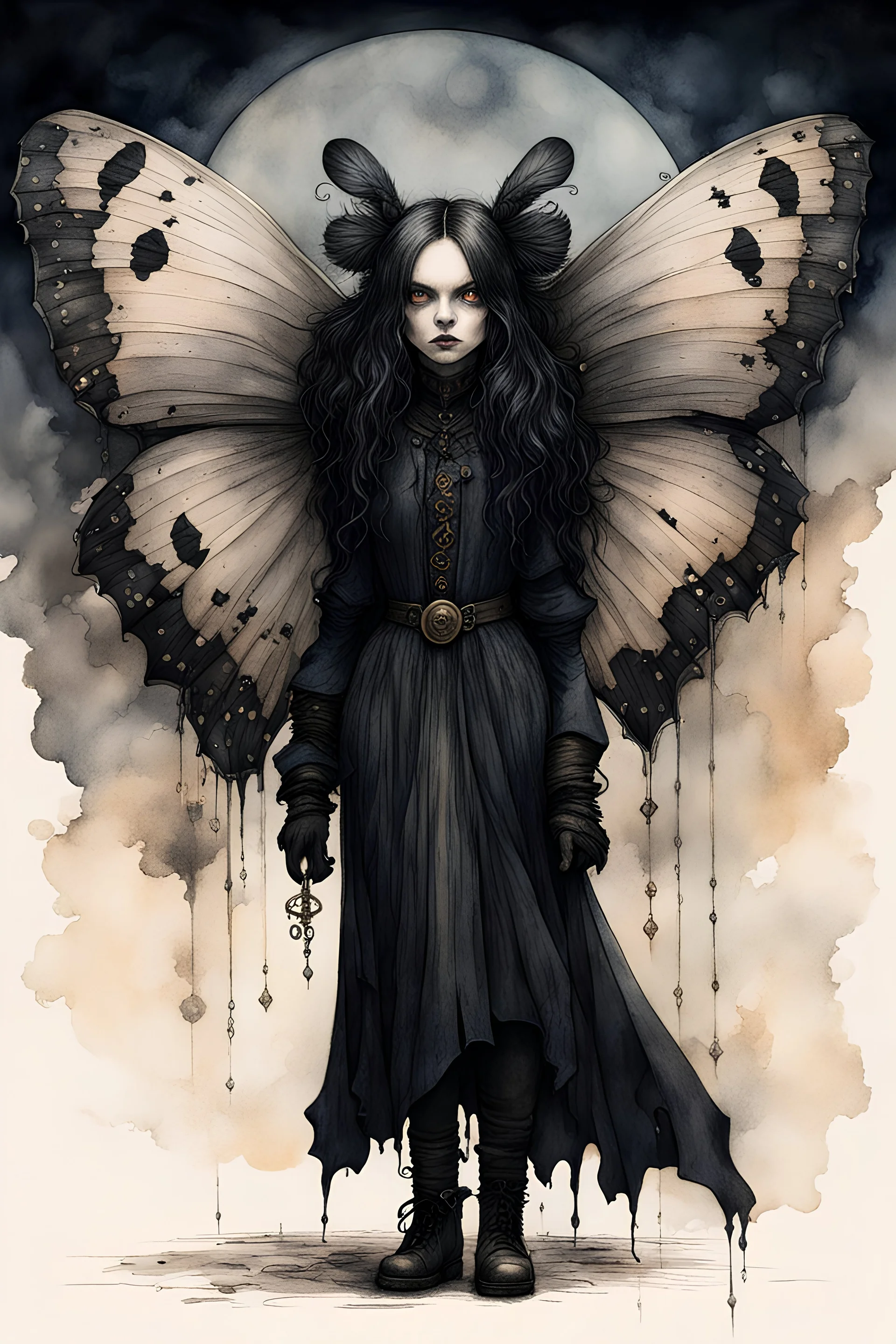 Jean-Baptiste Monge style 19th century hand drawn full body portrait dark gothic fantasy illustration of a walking hybrid Giant moth goth girl, with highly detailed facial features with large sad eyes, drawings, 8k, vibrant natural colors, otherworldly and fantastic, ink wash and watercolor