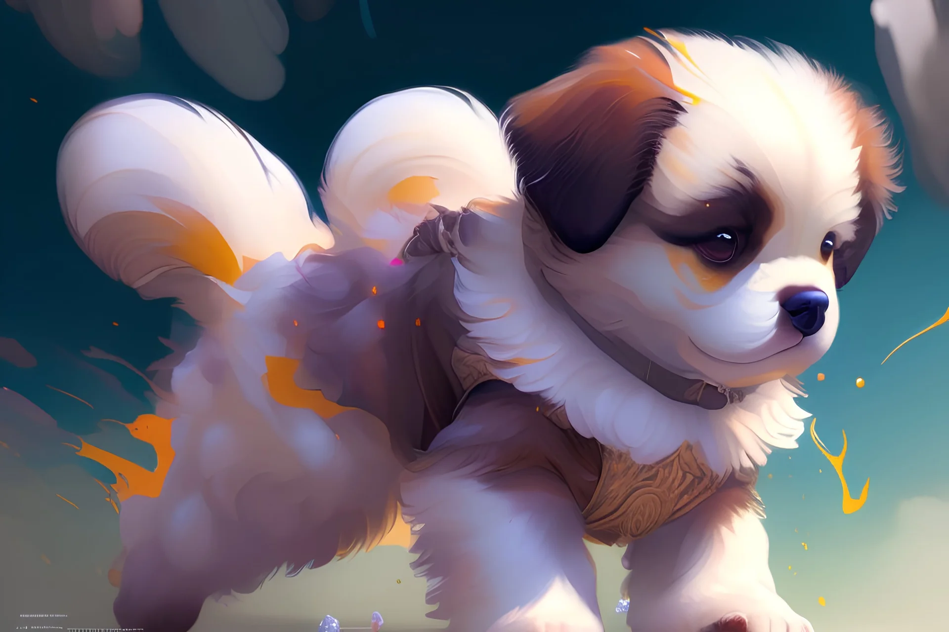 a playful energetic puppy with fluffy fur and big, round eyes, cedric peyravernay, awwchang, miles-df, greg rutkowski, huang guangjian, fantasy art, concept art portrait, artgerm, paper marbling, oil splash, oil stained, intricate hyperdetailed fluid gouache illustration by android jones, ismail inceoglu, jean baptiste monge