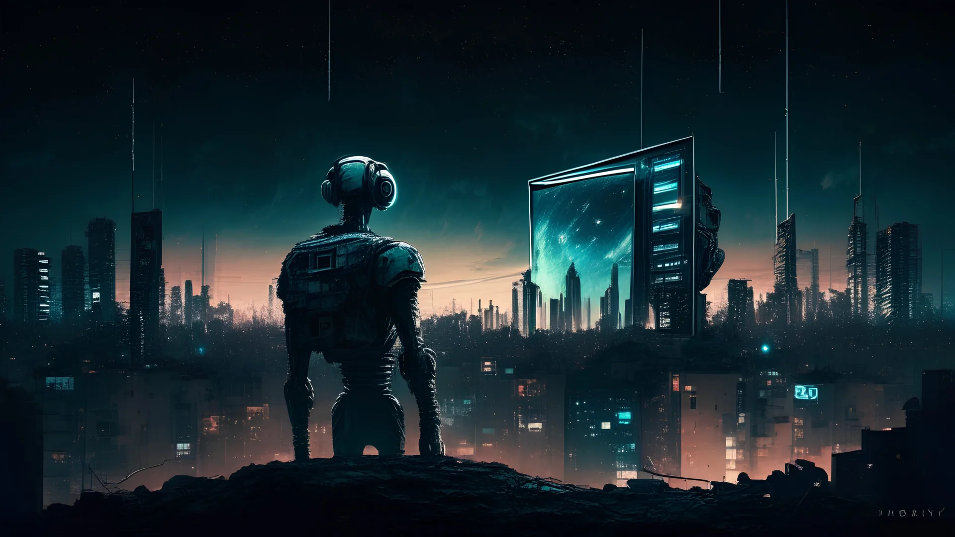 cyborg, city, night sky,television