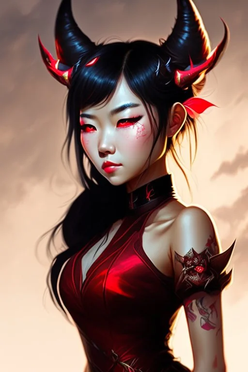 Beautiful devil asian girl with devil horns on her head, with brown eyes, detailed, looking at the camera, princess