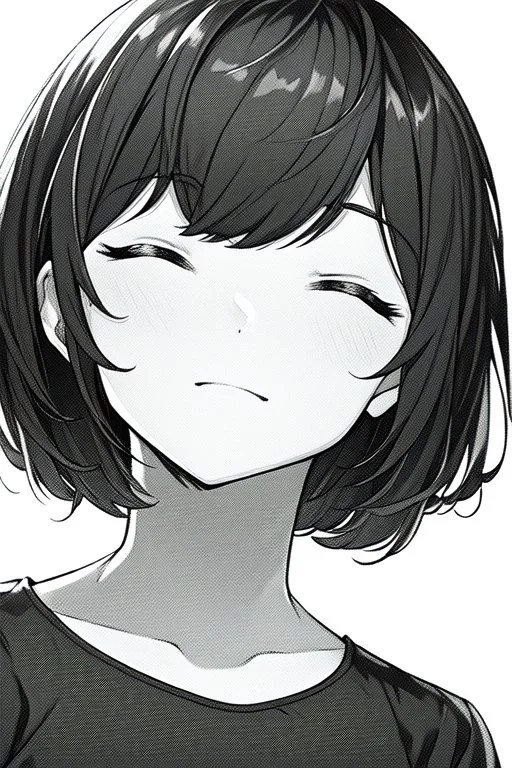 short hair girl, closed eyes, close-up, greyscale