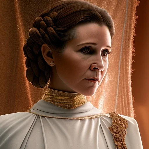 extremely detailed 8k hyperspace wallpaper,complete and photo realistic detailed head to waist stunning photo realistic portrait of carrie fisher as Princess Leia in star wars with photo realistic fine, simple and symetric hair, brown eyes, professional majestic photo realistic painting by Ed Blinkey, Atey Ghailan, by Jeremy Mann, Greg Manchess, Antonio Moro, trending on ArtStation, Intricate, High Detail, Sharp focus, dramatic, by greg rutkowski,