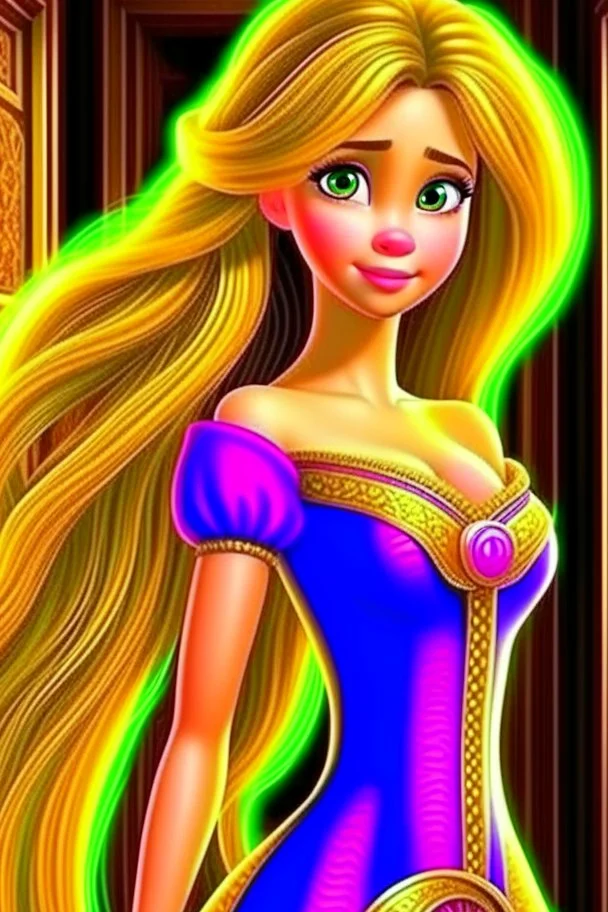 Princess Rapunzel is very beautiful, with a symmetrical, luminous face and beautiful hair