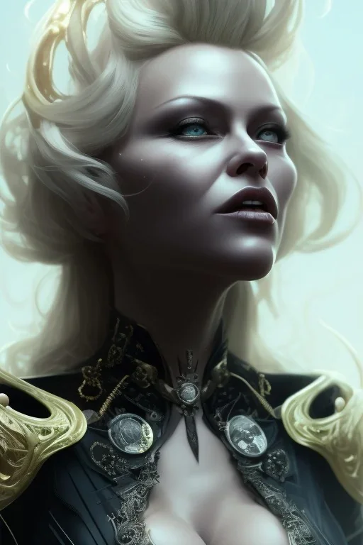 Pamela Anderson as evil queen in black leather, leather, busty, cleavage, angry, stern look. character design by cory loftis, fenghua zhong, ryohei hase, ismail inceoglu and ruan jia. unreal engine 5, artistic lighting, highly detailed, photorealistic, fantasy