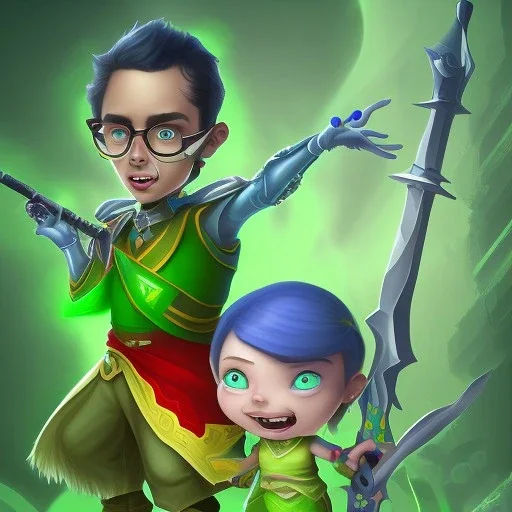 A cartoony looking boy with a green cape is protecting a girl with his blue sword. There are zombies around the girl. they are in the void with a piece of land were there stepping on.