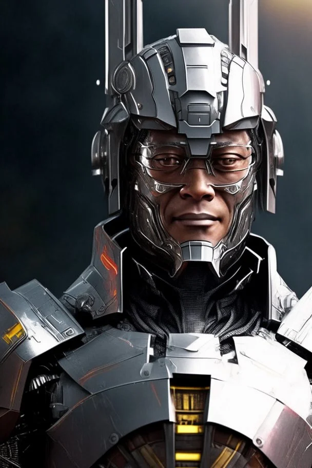 Armadura de cyborg con casco en la cabeza serio