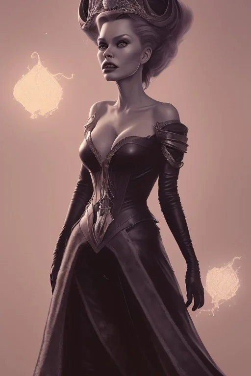 Brigitte Bardot as evil queen in black leather, leather, busty, cleavage, angry, stern look. character design by cory loftis, fenghua zhong, ryohei hase, ismail inceoglu and ruan jia. unreal engine 5, artistic lighting, highly detailed, photorealistic, fantasy.