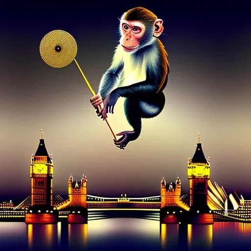 A monkey playing the drums, london skyline at night, in the style of Salvador Dali