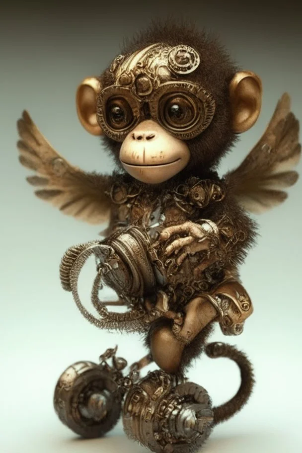 small cute steampunk mechanical monkey, made of metal with mechanical wings, cute hands and feet