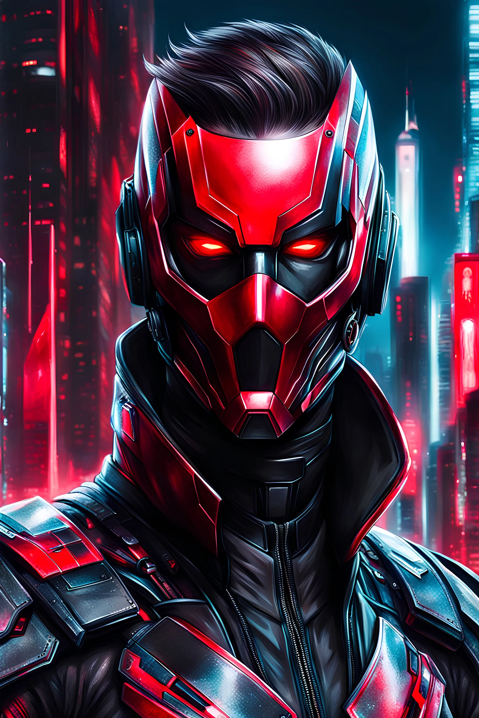Retrato dibujo de contorno de Dragman con antifaz , negro y rojo con traje cyberpunk, fondo ciudad