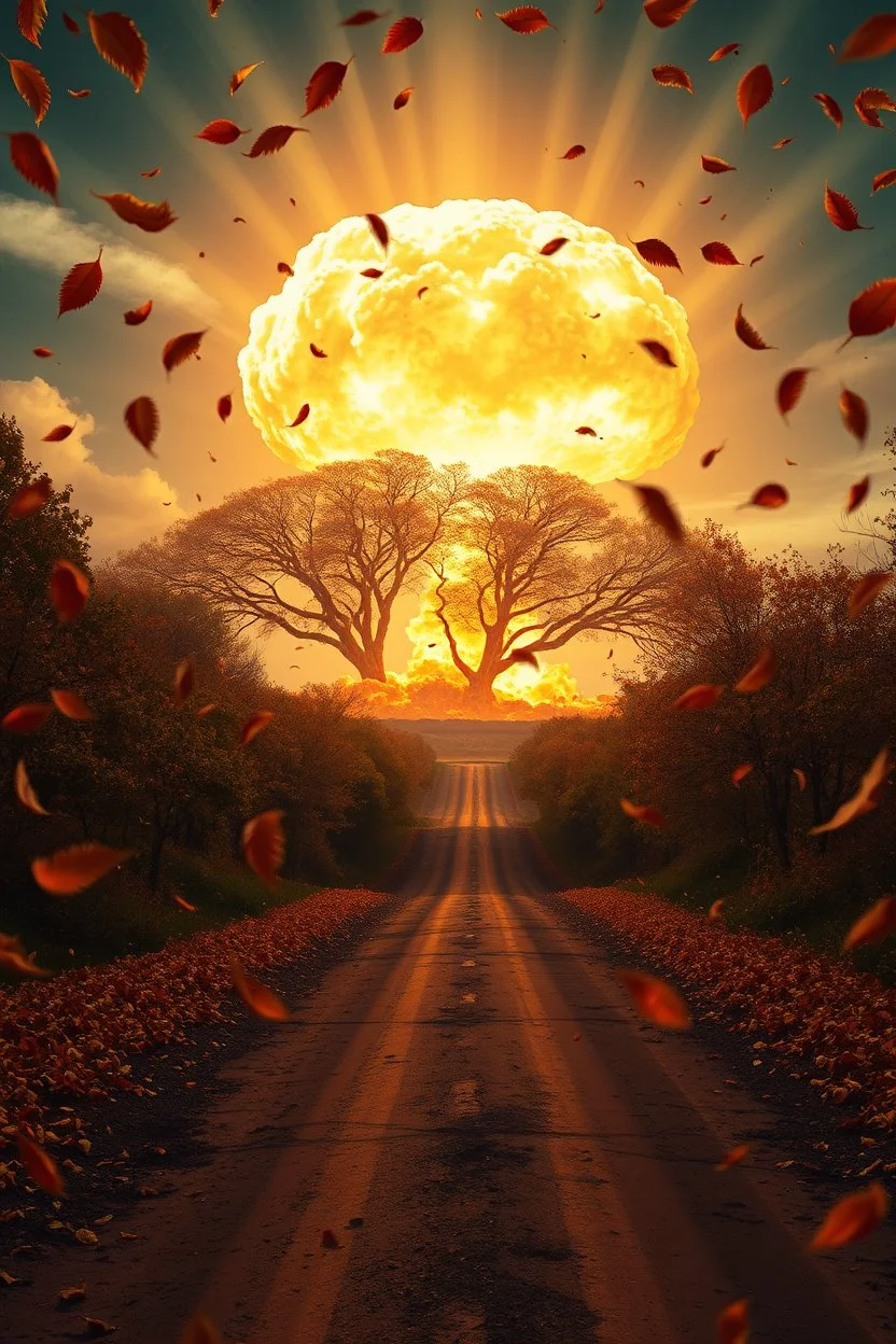 foreground with many falling leaves, behind is a nuclear explosion's mushroom cloud that looks more like a tree in fall, with explosion radiating outward, many leaves falling in foreground, ground is dirt and scorched with a road coming down the middle towards viewer, angelic fantastic lighting