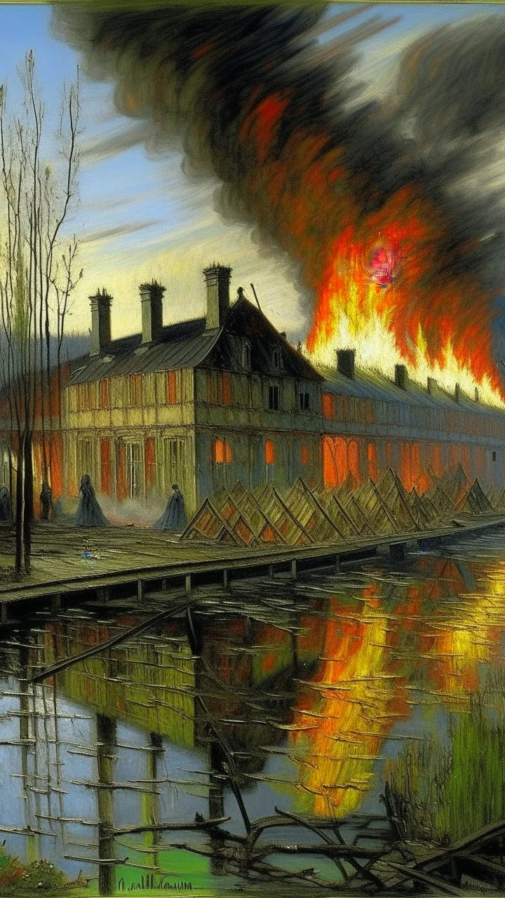 An indigo fiery matchstick factory painted by Claude Monet