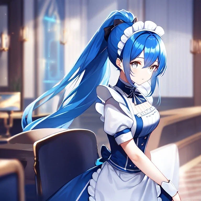 girl, masterpiece, best quality, volumetric lighting, detailed outfit, perfect eyes, blue hair, long hair, white eyes, ponytail, maid,