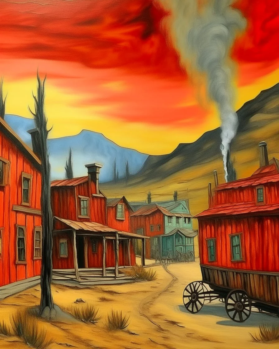 A red smoking western town with iron horseshoe painted by Vincent van Gogh