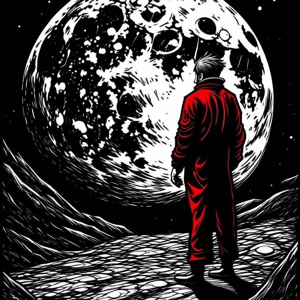 Man mesmerized by the moon, by B. Kliban, minimalistic creepy sketch, dark colors, red hues, complex contrast, dynamic composition