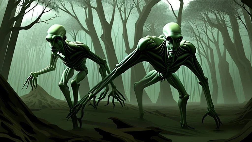 giant humanoid alien emerging from the forest into the plain