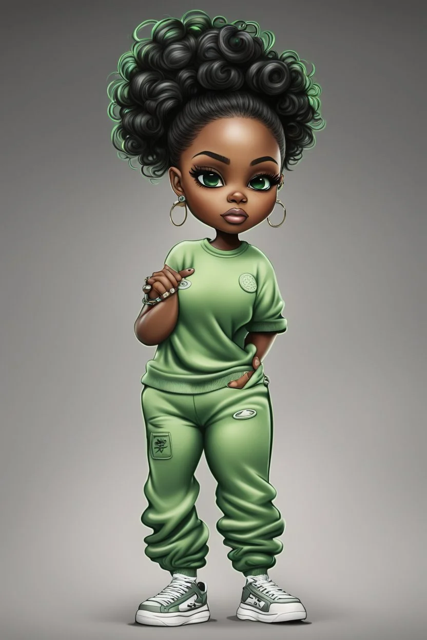 Create an airbrush image of a curvy chibi cartoon black female wearing a light green jogger set and black sneakers. Prominent make up with hazel eyes. Extremely highly detailed of messing curly bun