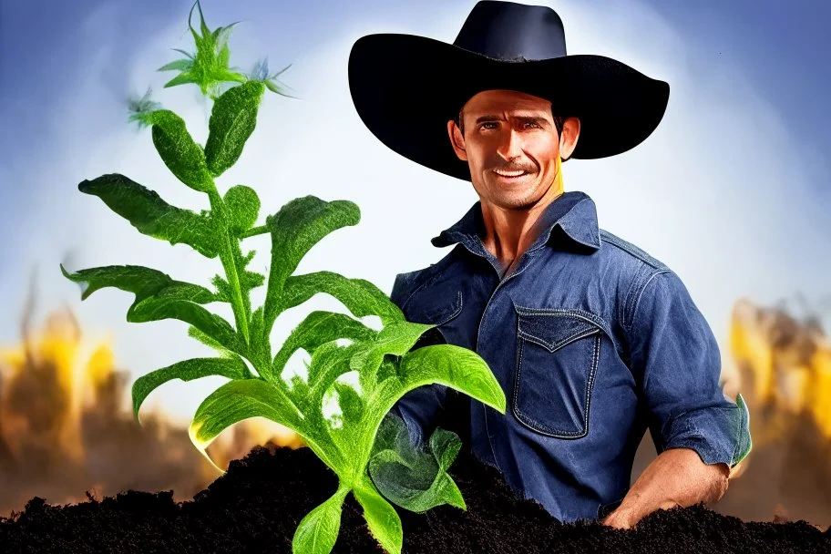 cowboy holding a plant growing in biochar. Biochar background