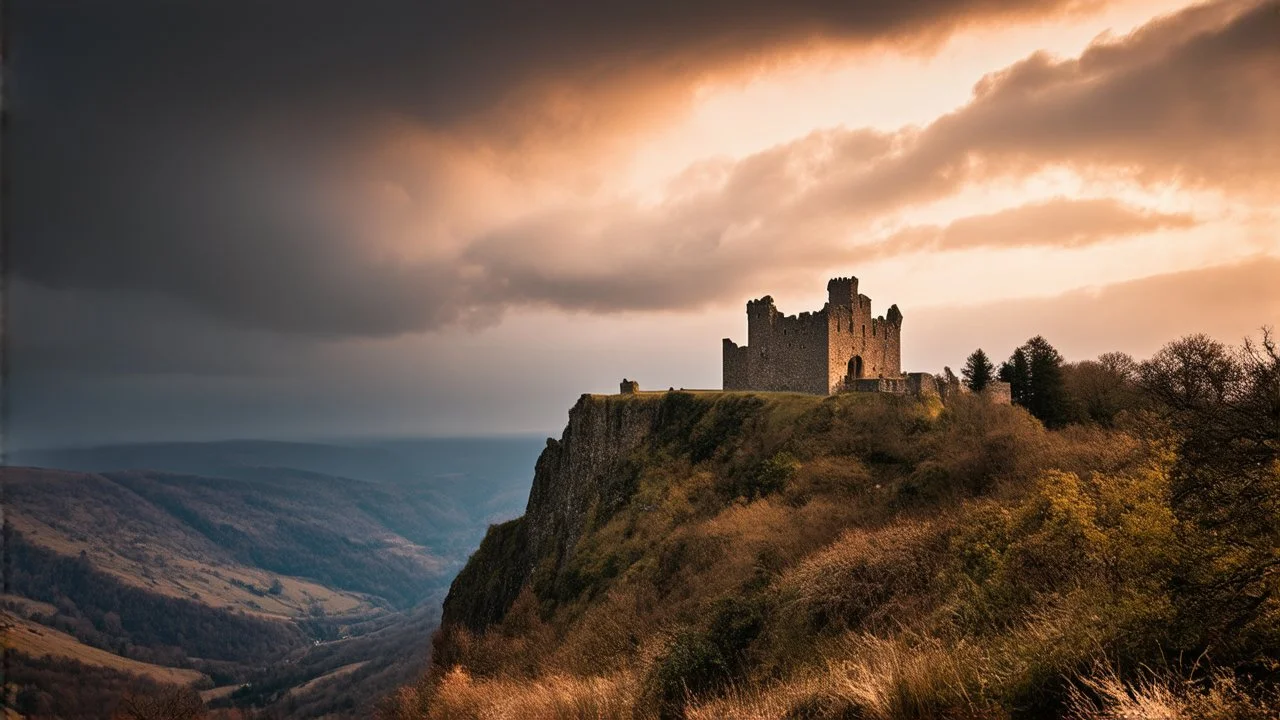 huge ruined castle in the distance overlooking a valley, on a cliff top, warm-toned stormy clouds