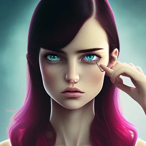 crystal clear blue eyes, and dark pink hair, dot eyebrows, woman, angry expression, pointy ears, long hair, sexy, young, beautiful