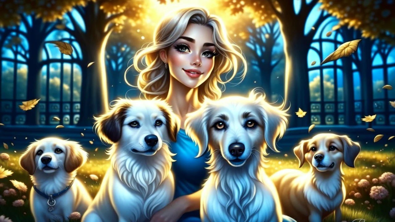 Woman with two adorable dogs in a serene park setting, soft natural lighting, detailed character design, digital painting by Lois van Baarle and Charlie Bowater, heartwarming, expressive eyes, 4k resolution