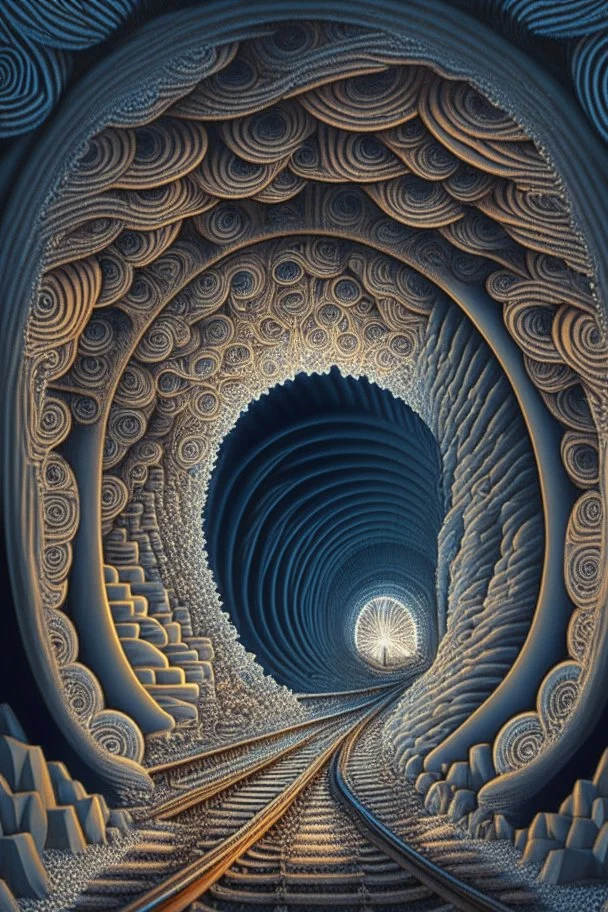 Then it comes to be that the soothing light at the end of your tunnel Was just a freight train coming your way; intricately detailed surreal optical art, award-winning,