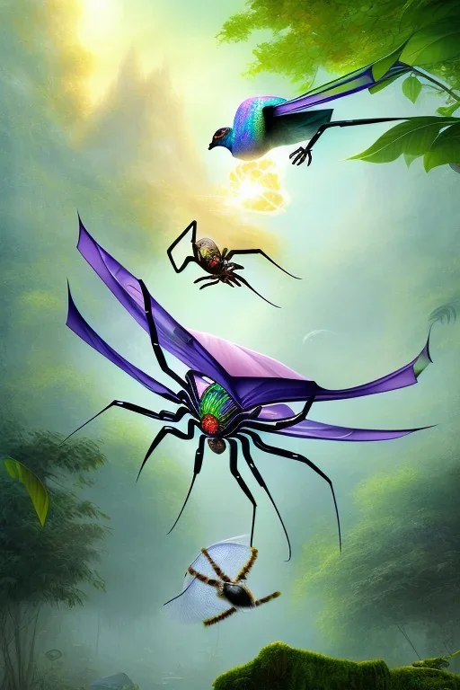 spider fight with exotic pigeon, jungle setting, soft pastel colors, mystical, dreamlike, Neo-Impressionism, fine detail, high quality,