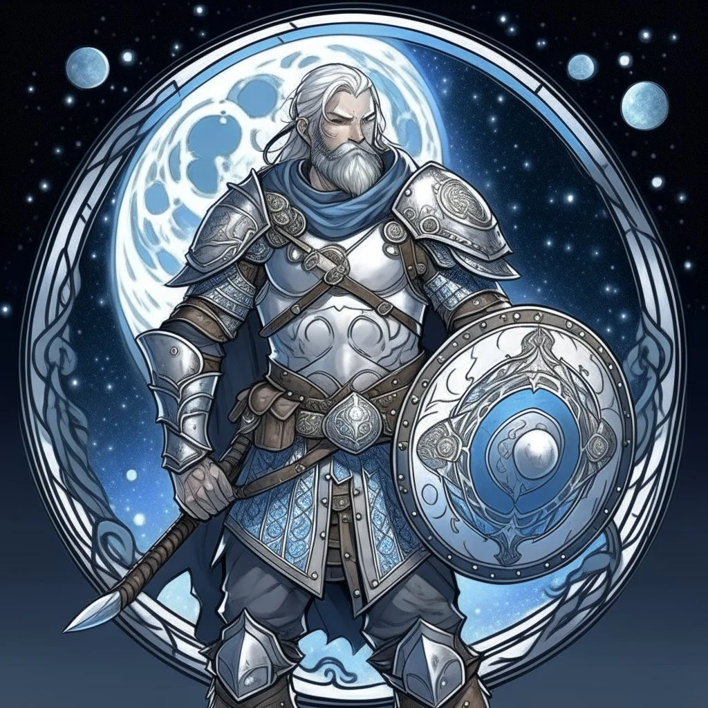 Please create an image for a 30-year old aasimar male with silver hair and a short, square beard and blue eyes. He is standing outside in the moonlight wearing plate armor and wielding a shield and a Thor-style hammer. His equipment is adorned in multiple places with crescent moons and stars