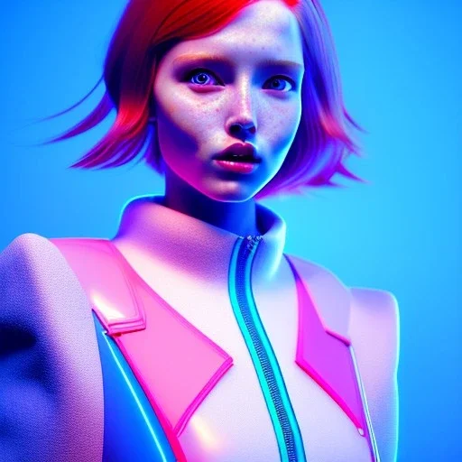 redhead woman teenager, freckles, padded coat, retro futuristic, latex dress, gradient color, BLUE, PINK, CYAN, neon, insanely detailed, 16k resolution, perfect eyes, cinematic smooth, intricate detail