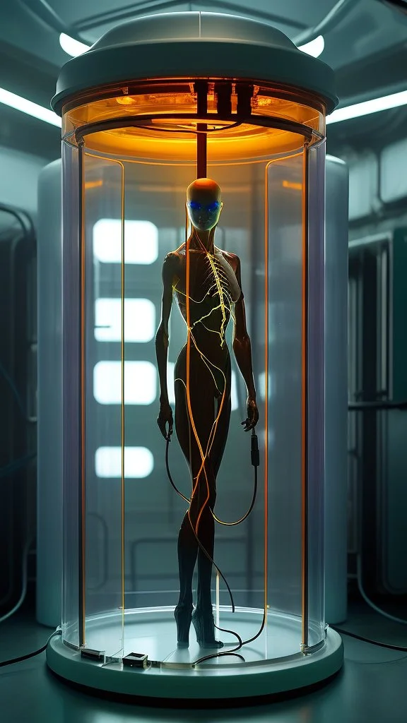 Sleeper in tube cabinet made of glass filled to the top with honey coloured liquid , in a laboratory inside it a half alien and a half human creature body standing vertically inside , connected with wires and electrical wires , the human standing in side, a high tech equipment in the background ,4K, cinematic, high resolution