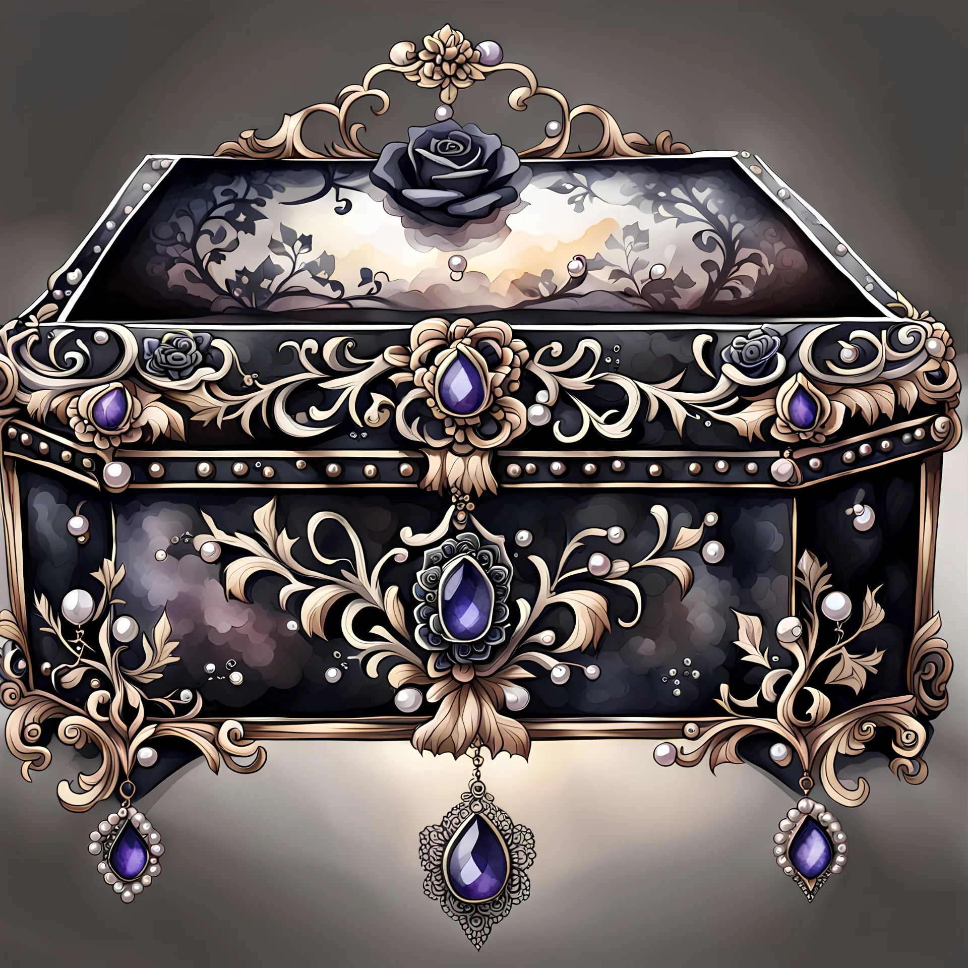 watercolor drawing gothic black jewelry box, black lace, pearls, black roses, on a white background, Trending on Artstation ::{creative commons}:: Illustration :: Color Grading:: Filmic, Nikon D750, Brenizer Method, Perspective, Depth of Field, F/2.8, Lens Flare, Tonal Colors, 8K, Full-HD, ProPhoto RGB, Perfectionism, Rim Lighting, Natural Lighting, Soft Lig