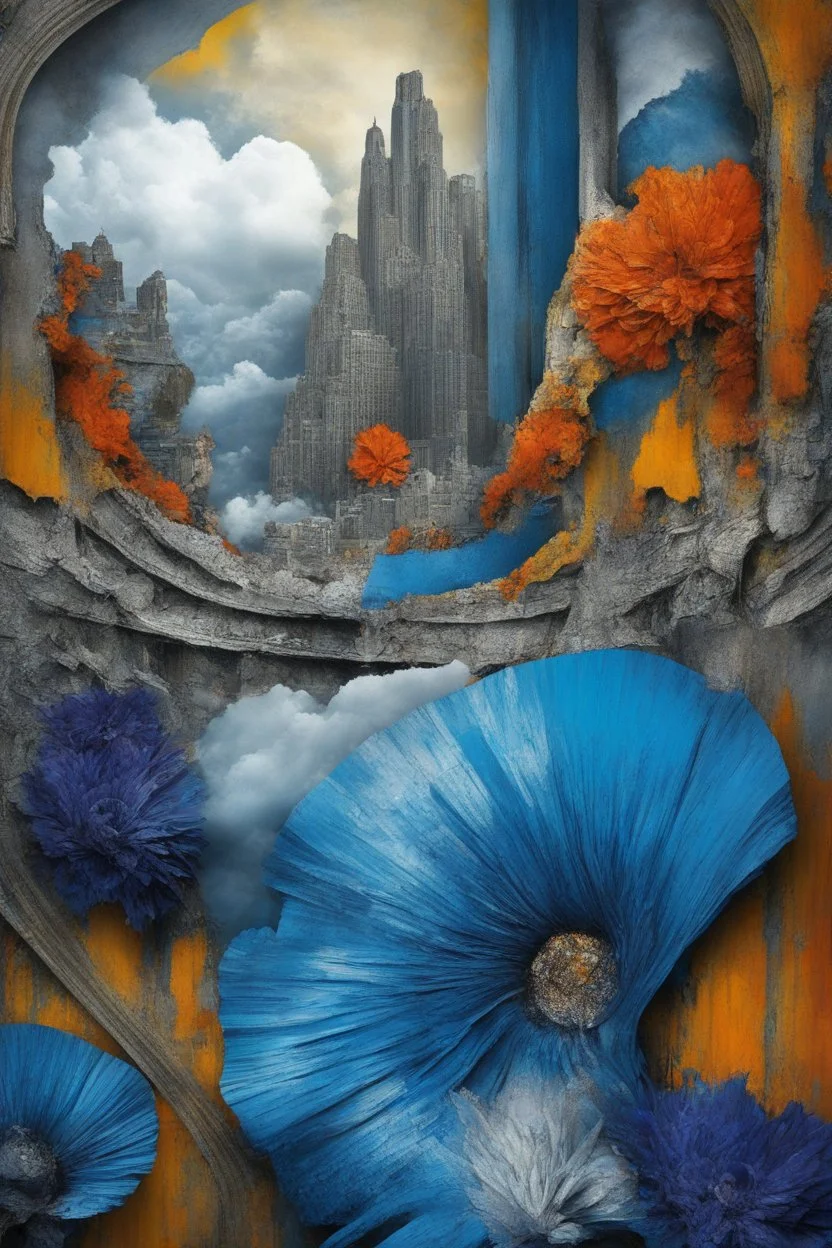 surrealis monochrome A fragmented, surreal sculpture liguid blue color of photorealistic image 3d,psychedelic art glossy emerging from devilish a crumbling empire state building. The face appear and intricate details, evoking a haunting expression. set against a backdrop of stormy, cloud-filled skies. bauhaus art The overall tone is dark blue and moody, suggesting themes of decay and transformation.