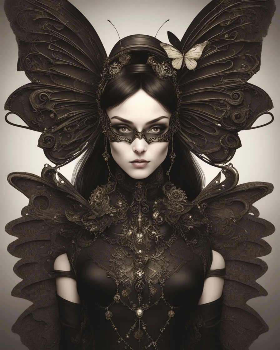 gothic, steampunk delicate metal woman, butterfly, wings, black background