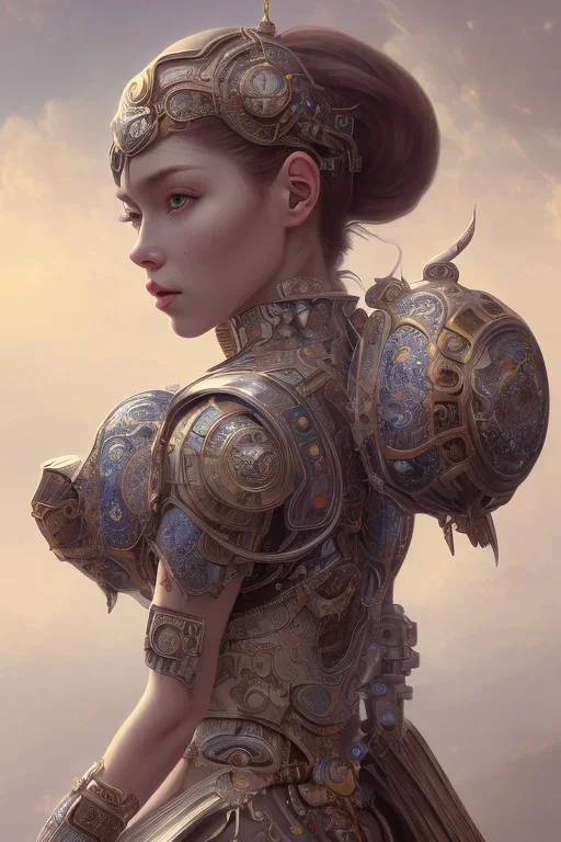 portrait, beautiful stunning clockpunk warrior lady and goddess, red short hair, ice eyes, fantasy atmosphere, styled by Corrado Vanelli, Norman Rockwell, Boris Vallejo super detailed, Studio Ghibli, Anime Key Visual, by Makoto Shinkai, Deep Color, Intricate, 8k resolution concept art, Natural Lighting, Beautiful Composition